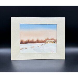 Winter Scene Art Print Matted Rogers Barn Blue Sky Snow Country Farm Wall Decor